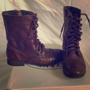 Brown leather combat boots